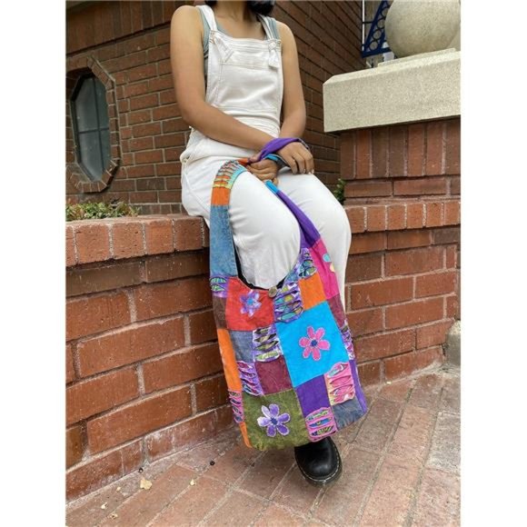 Happy Flowers Razor Cut Hippie Patchwork Sling Crossbody Boho Handbag Bohemian - Picture 4 of 6